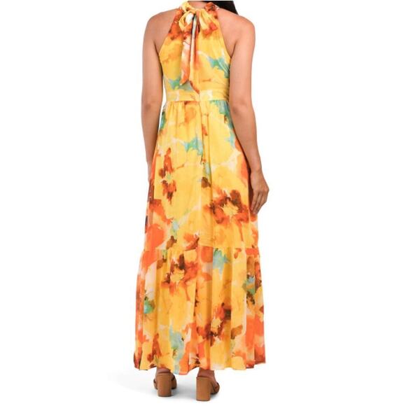 NWT Tahari ASL Floral Print Halter Neck Tie Back Chiffon Maxi Dress - Picture 3 of 6